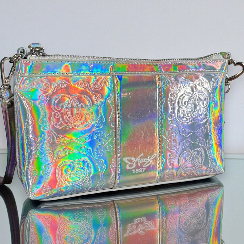 Sharif Hologram Silver Patent Leather Wristlet Crossbody & Original Sharif Charm - Picture 5 of 16